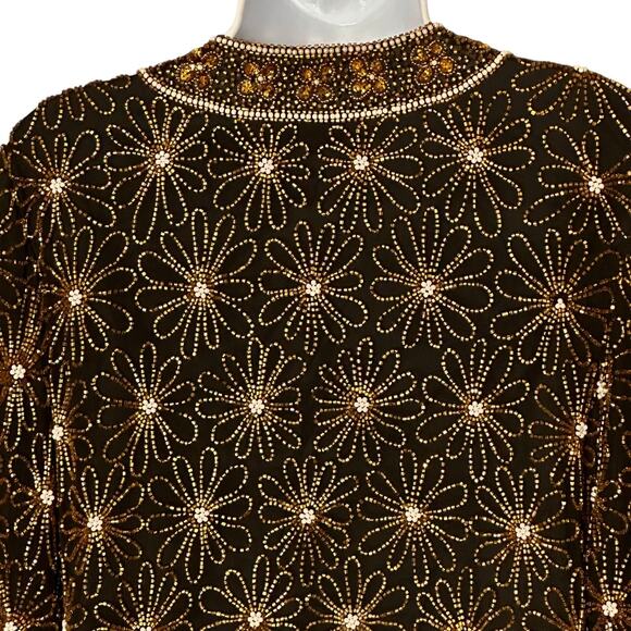 Vintage 90s Papell Boutique Beaded Silk Evening Jacket 4P Black Gold Formal Glam - Picture 9 of 10
